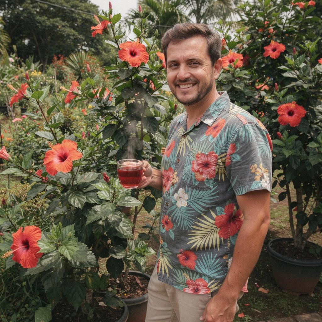 Vysoký pohár čaju z hibiskusu na pozadí zelených listov.